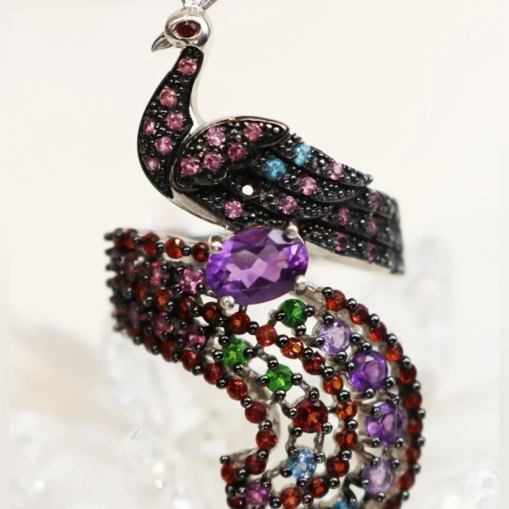 Sterling Silver Peacock Statement Ring Amethyst & Multi Gemstones in Sz 7 💚🦚🩵💍💜